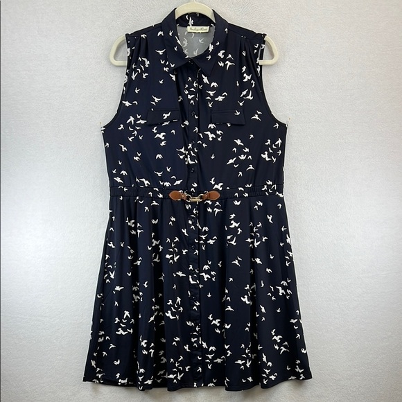 Indigo Rose Women’s Dress Sz 12 Navy/White Bird Print Rayon Blend Button-Front - Picture 1 of 11